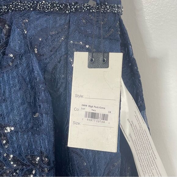 Mac Duggal 20098 Size 14 High Mock-Neck Beaded Column Gown with Overskirt, Navy - Picture 9 of 14